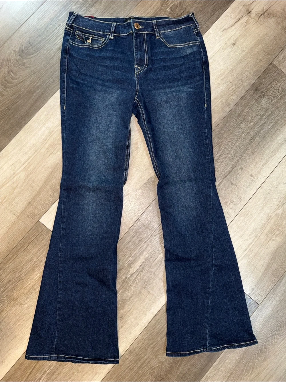 True Religion Joey Mid Rise Flap Flare Dark Wash Jeans - Picture 3 of 16